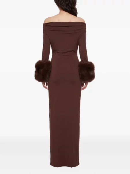 Rochie midi The Andamane cu umerii deschiși cu blană maro