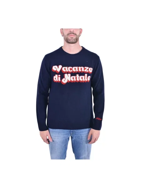Sweter Mc2 Saint Barth wełniany z nadrukiem elegancki niebieski