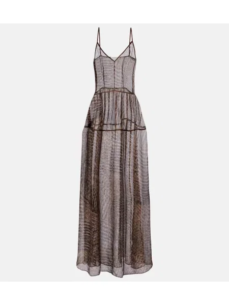 Jedwabna przezroczysta sukienka maxi Jacques Wei z nadrukiem brązowa