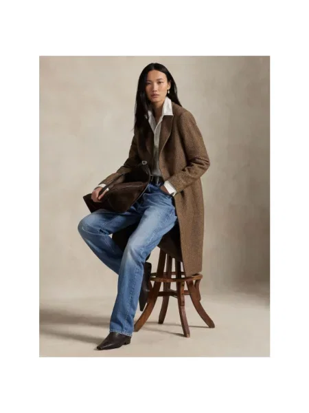 Długi płaszcz Polo Ralph Lauren wełniany w jodełkę brązowy