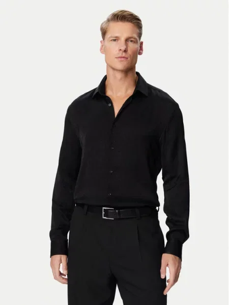 Hugo Saténová Košile Kenno Slim Fit černá