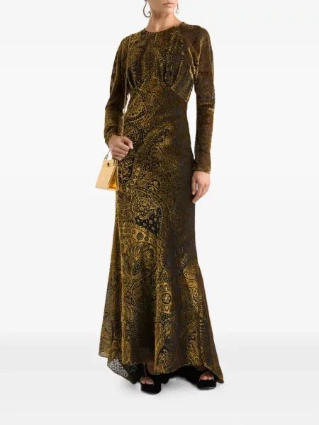 Rochie maxi Etro de catifea cu model floral de costum auriu