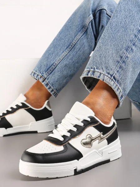 Sneakers Negru cu Șireturi Talpă Groasă Sclipici Anaieli alb