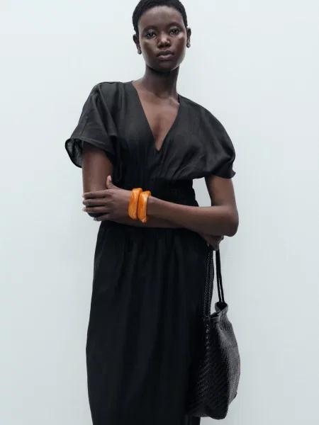 Лляна Сукня міді MANGO чорний