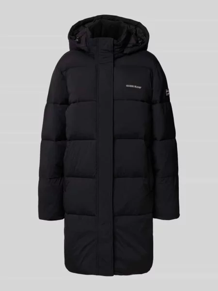 Płaszcz pikowany z kapturem i logo Guess Jeans czarny