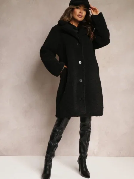 Palton oversized din blană de pluș cu căciulă Jillo de la Renee.com.ro negru