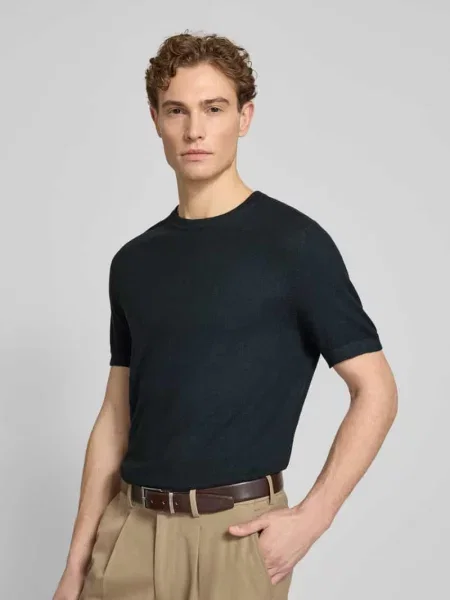T-shirt z mieszanki bawełny i lnu Profuomo granatowa