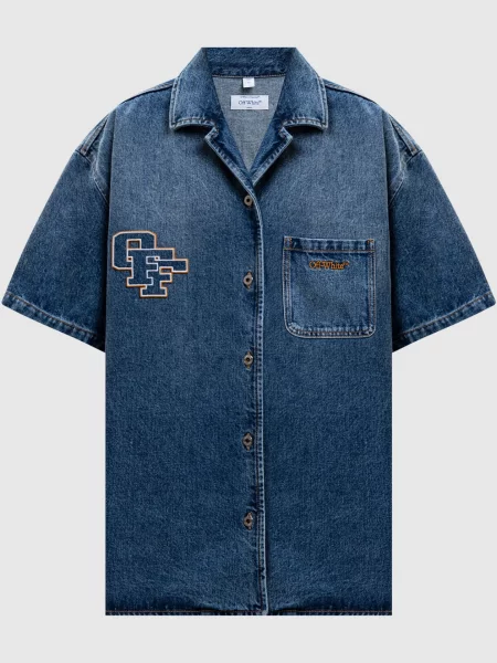 Джинсова сукня-сорочка з вишивкою логотипа Off-white синя