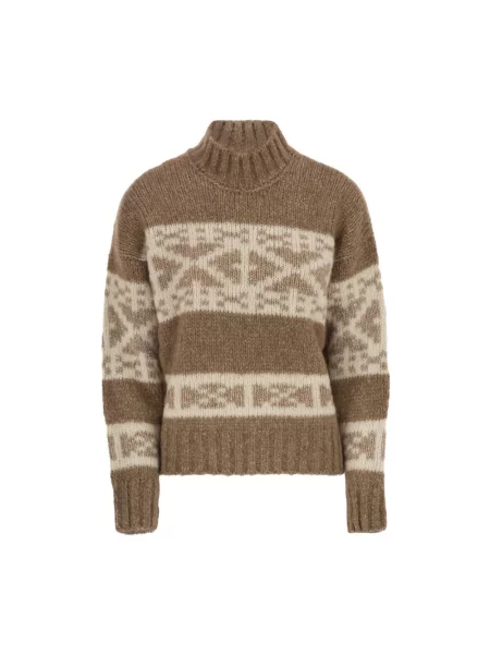 Dzianinowy sweter Peserico ze stójką w geometryczne wzory brązowy