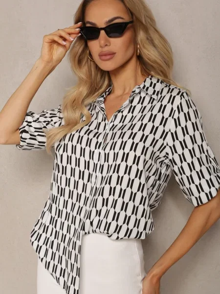 Biało-Czarna Koszula z i Bawełny w Geometryczny Wzór z Rękawem Andromia biała