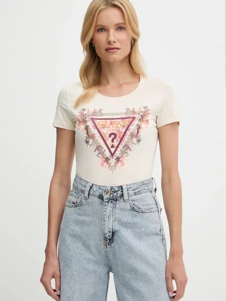 Къс тениска Guess бежово