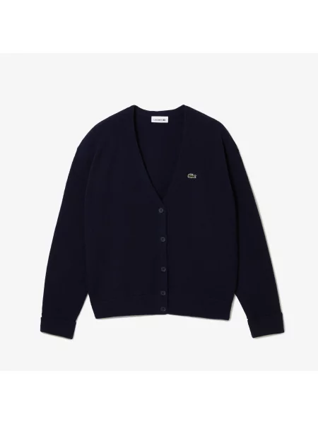 Lacoste Wełniany Sweter Z Dekoltem W Kształcie Litery V granatowy