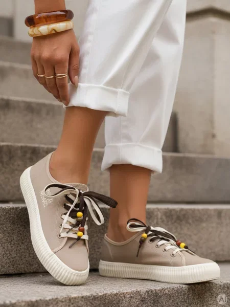 Sneakersy typu tenisówki z ozdobnymi koralikami beżowe
