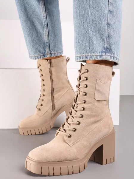 Botine cu platformă și înalt cu șiret Ameni bej