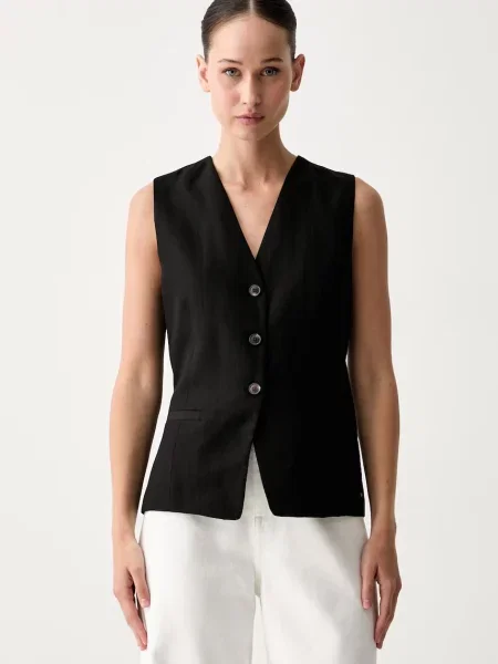 Tommy Hilfiger vestă cu un singur rând de pentru femei cu amestec de in negru