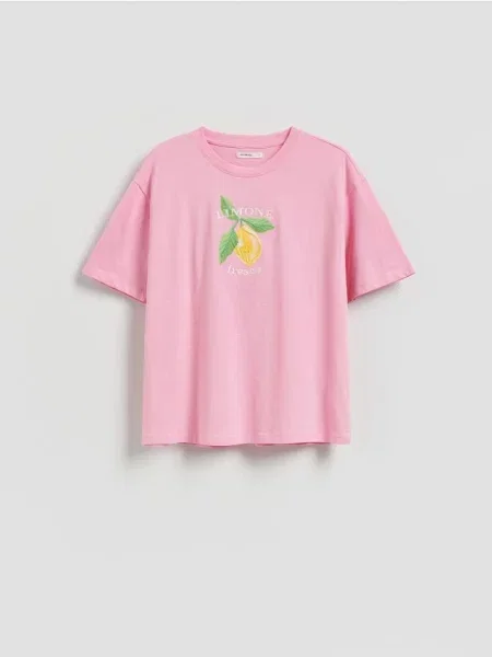 Reserved Tricou cu imprimeu și broderie roz