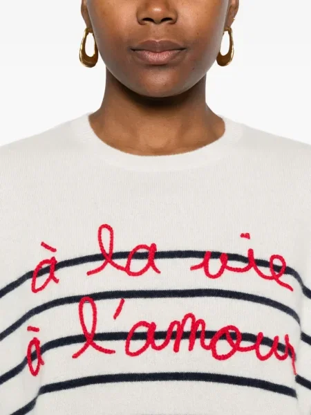Пуловер Maison Labiche бродиран на райета бяло