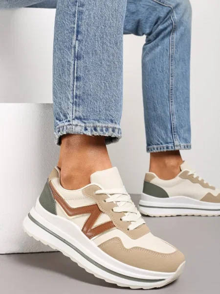 Ciemnobeżowe Sznurowane Sneakersy z Ekoskóry na Grubej Podeszwie Literna beżowe