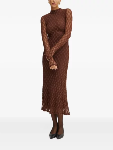 Rochie midi Bardot cu model floral din dantelă maro