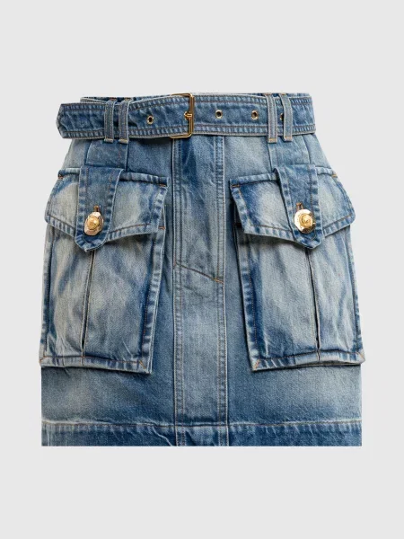 Джинсова спідниця міні з ефектом потертості Balmain синя