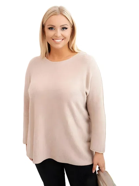 Kesi Włoski Dámsky sveter plus size s lodičkovým výstrihom tmavobéžový čierna
