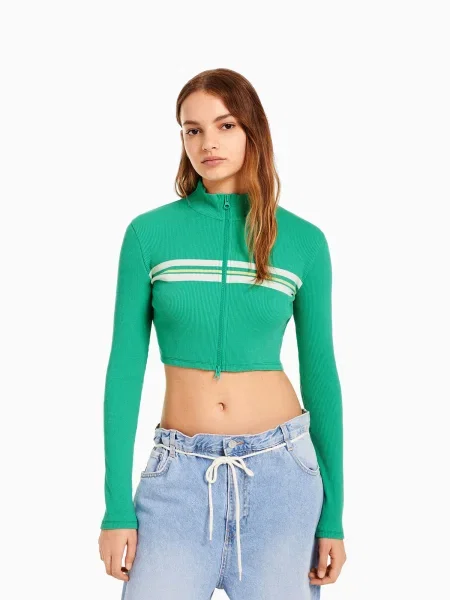 Bershka Hanorac verde / murdar alb