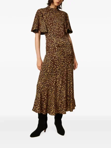 Σατέν φόρεμα Twinset με σχέδιο με animal print καφέ