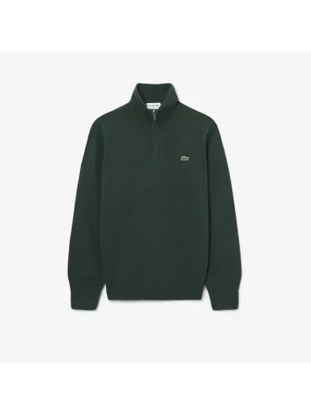 Lacoste Wełniany Sweter Z Wysokim Kołnierzem I Zamkiem zielony