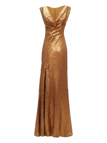 Rochie maxi Gemy Maalouf cu crăpătură de costum auriu