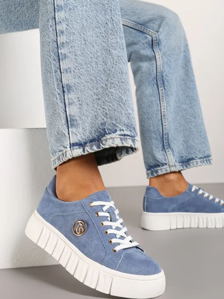 Sznurowane Sneakersy Vices na Platformie z Tłoczeniem i Metaliczną Aplikacją Lavfedi niebieskie