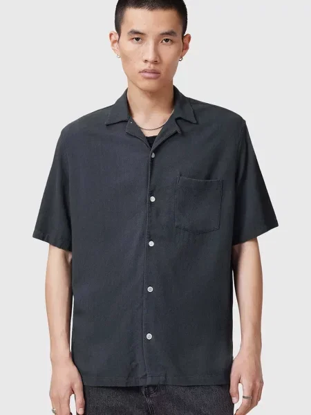 Сорочка з домішкою льону AllSaints CUDI regular синій