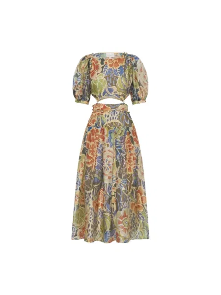 Lniana sukienka midi Ixiah w kwiatki do kolan