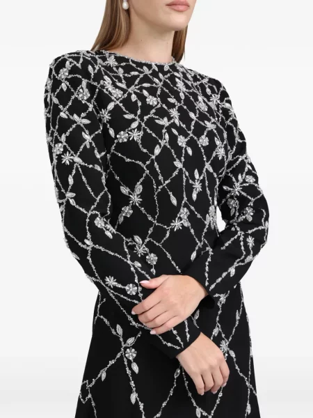 Rochie maxi Dina Melwani cu model floral de cristal de costum negru
