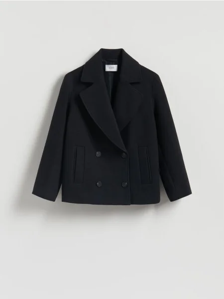 Reserved Flauszowa kurtka dwurzędowa granatowy