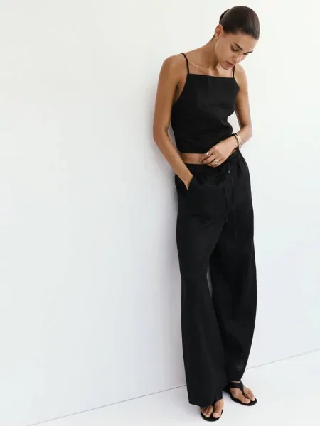 Spodnie wide leg z lnu Kobieta XXS MANGO czarny