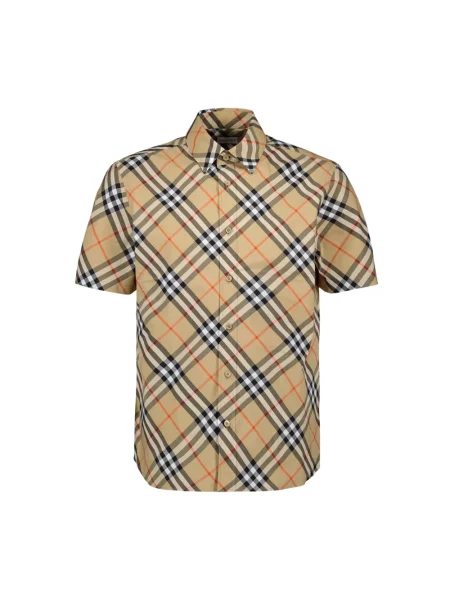 Koszula z krótkim rękawem Burberry w kratę popelinowa retro beżowa