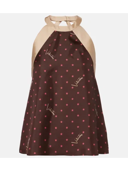 Top Valentino de mătase cu imagine cu gât halter maro