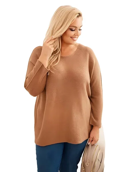 Kesi Włoski Dámsky sveter plus size s lodičkovým výstrihom camelový modrá