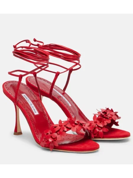 Sandale Manolo Blahnik din piele de căprioară cu model floral roșu