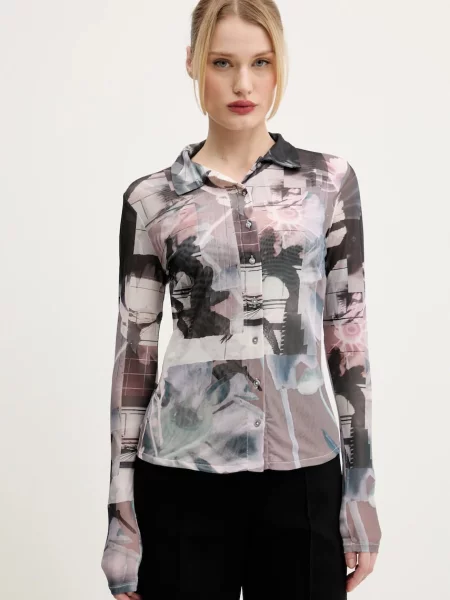 Риза Desigual SHELLEY дамска с кройка по тялото с класическа яка сиво