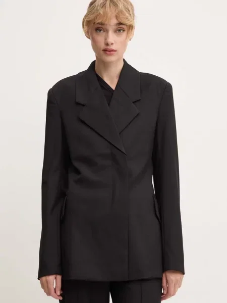 Remain sacou din lana Fitted Blazer cu doua randuri de neted negru