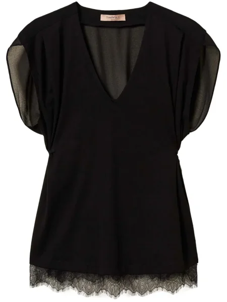 Top Twinset plisat din dantelă negru