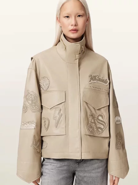 AllSaints geacă de piele pentru femei din piele CLAY bej
