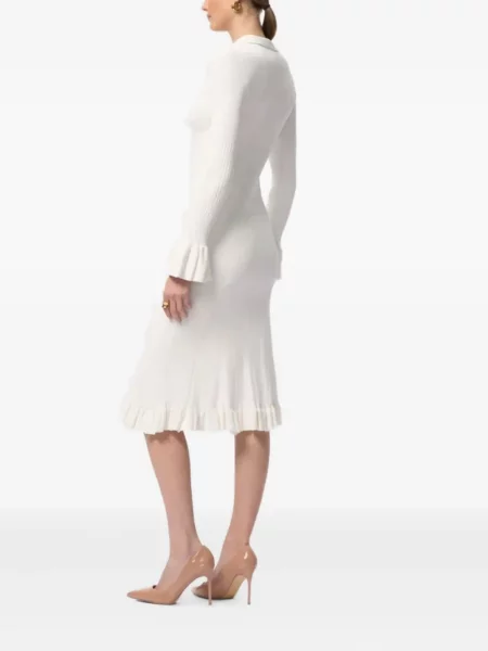 Sukienka midi Hervé Léger z falbankami do kolan garniturowa biała