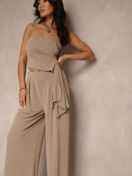 Komplet Top Bandeau z Trenem i Spodnie o Szerokim Kroju Redomiae brązowy