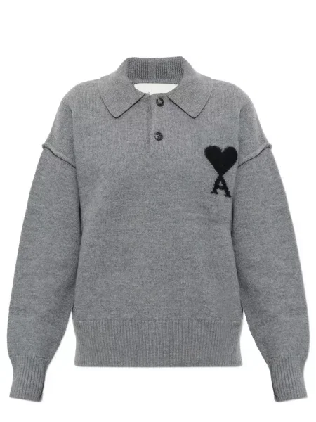 Tricou polo Ami Paris de lână gri