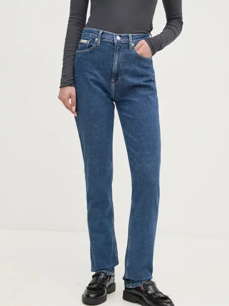 Дънки Calvin Klein Jeans с висока талия синьо