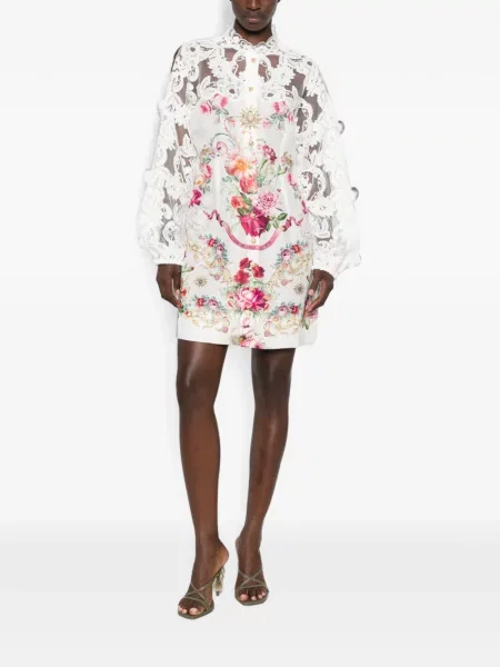 Rochie mini Camilla cu model floral cu imagine din dantelă alb