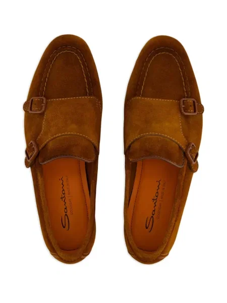 Pantofi loafer Santoni din piele de căprioară cu cataramă maro