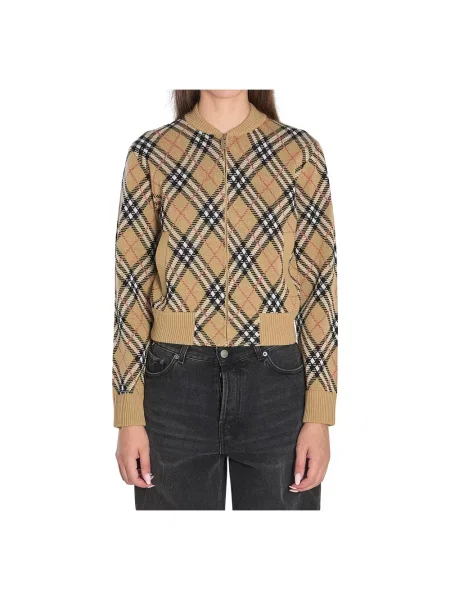 Kurtka Burberry wełniana w kratę z nadrukiem beżowa